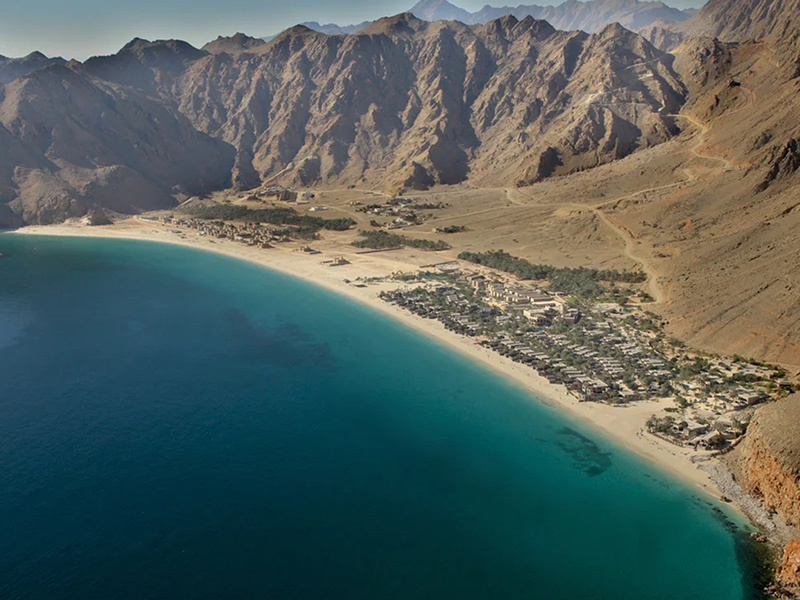 Aerial view of Six Senses Zighy Bay, Musandam Peninsula, Oman